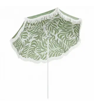 Sombrilla de Playa con Flecos Ø180 cm Altura Ajustable Inclinación Anclaje Arena y Bolsa de Transporte UPF30+ Verde