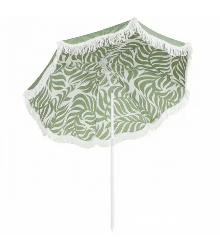 Sombrilla de Playa con Flecos Ø180 cm Altura Ajustable Inclinación Anclaje Arena y Bolsa de Transporte UPF30+ Verde