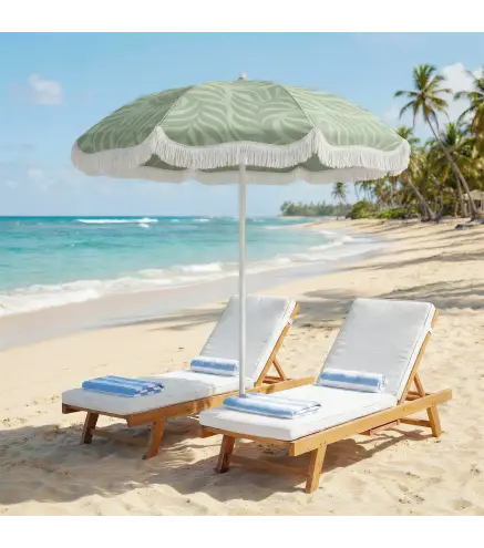 Sombrilla de Playa con Flecos Ø180 cm Altura Ajustable Inclinación Anclaje Arena y Bolsa de Transporte UPF30+ Verde