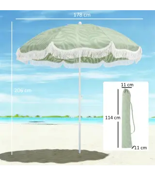 Sombrilla de Playa con Flecos Ø180 cm Altura Ajustable Inclinación Anclaje Arena y Bolsa de Transporte UPF30+ Verde