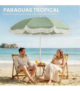 Sombrilla de Playa con Flecos Ø180 cm Altura Ajustable Inclinación Anclaje Arena y Bolsa de Transporte UPF30+ Verde