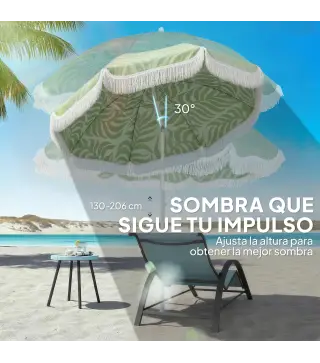 Sombrilla de Playa con Flecos Ø180 cm Altura Ajustable Inclinación Anclaje Arena y Bolsa de Transporte UPF30+ Verde