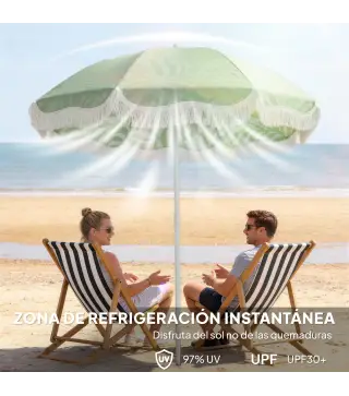 Sombrilla de Playa con Flecos Ø180 cm Altura Ajustable Inclinación Anclaje Arena y Bolsa de Transporte UPF30+ Verde