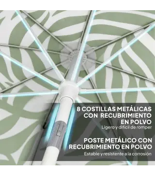 Sombrilla de Playa con Flecos Ø180 cm Altura Ajustable Inclinación Anclaje Arena y Bolsa de Transporte UPF30+ Verde