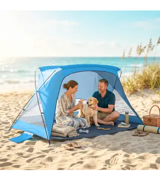 Carpa de Playa para 2-3 Personas con Sacos de Arena, Puerta, Ventanas, UPF30+ Bolsa de Transporte Bolsillo Azul Cielo