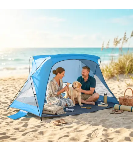 Carpa de Playa para 2-3 Personas con Sacos de Arena, Puerta, Ventanas, UPF30+ Bolsa de Transporte Bolsillo Azul Cielo