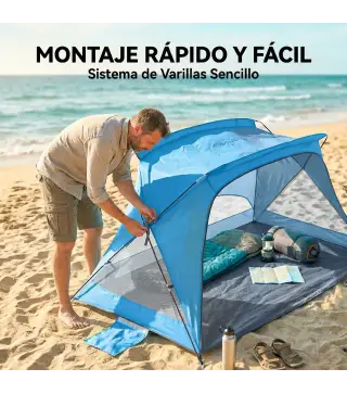 Carpa de Playa para 2-3 Personas con Sacos de Arena, Puerta, Ventanas, UPF30+ Bolsa de Transporte Bolsillo Azul Cielo