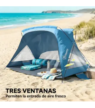 Carpa de Playa para 2-3 Personas con Sacos de Arena, Puerta, Ventanas, UPF30+ Bolsa de Transporte Bolsillo Azul Cielo