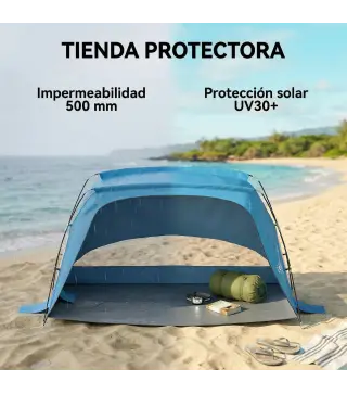 Carpa de Playa para 2-3 Personas con Sacos de Arena, Puerta, Ventanas, UPF30+ Bolsa de Transporte Bolsillo Azul Cielo