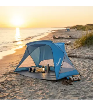 Carpa de Playa para 2-3 Personas con Sacos de Arena, Puerta, Ventanas, UPF30+ Bolsa de Transporte Bolsillo Azul Cielo