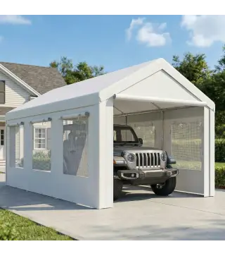 Garaje Exterior para Coche 3x6 m Impermeable de PE Resistente Marco de Acero Galvanizado Altura Ajustable Blanco