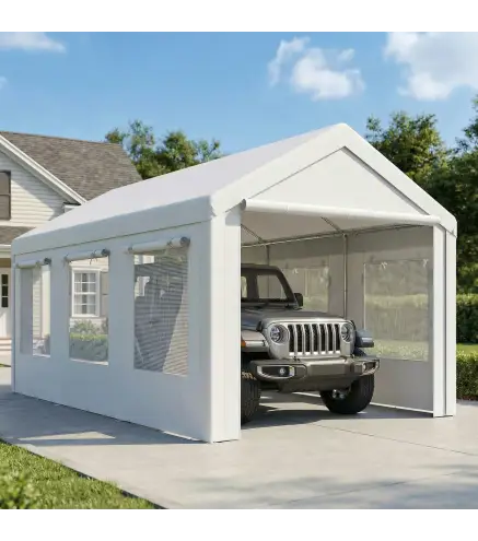 Garaje Exterior para Coche 3x6 m Impermeable de PE Resistente Marco de Acero Galvanizado Altura Ajustable Blanco