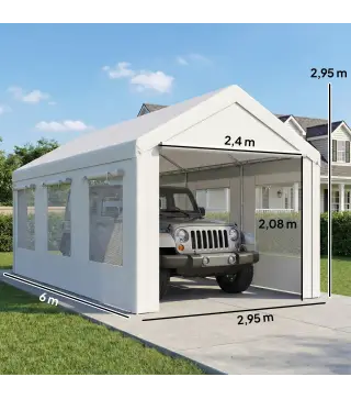 Garaje Exterior para Coche 3x6 m Impermeable de PE Resistente Marco de Acero Galvanizado Altura Ajustable Blanco