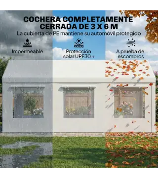 Garaje Exterior para Coche 3x6 m Impermeable de PE Resistente Marco de Acero Galvanizado Altura Ajustable Blanco