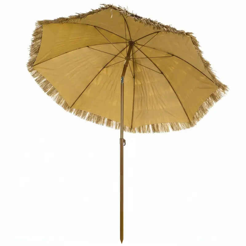 Sombrilla de Playa con Flecos de Paja Ø178 cm con Inclinación Altura Ajustable UV50+ Bolsa de Transporte Marrón Claro