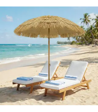 Sombrilla de Playa con Flecos de Paja Ø178 cm con Inclinación Altura Ajustable UV50+ Bolsa de Transporte Marrón Claro