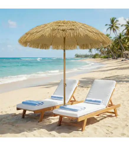 Sombrilla de Playa con Flecos de Paja Ø178 cm con Inclinación Altura Ajustable UV50+ Bolsa de Transporte Marrón Claro