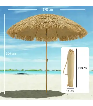 Sombrilla de Playa con Flecos de Paja Ø178 cm con Inclinación Altura Ajustable UV50+ Bolsa de Transporte Marrón Claro