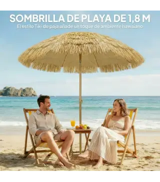 Sombrilla de Playa con Flecos de Paja Ø178 cm con Inclinación Altura Ajustable UV50+ Bolsa de Transporte Marrón Claro
