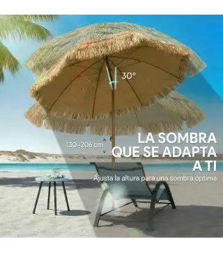Sombrilla de Playa con Flecos de Paja Ø178 cm con Inclinación Altura Ajustable UV50+ Bolsa de Transporte Marrón Claro