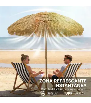 Sombrilla de Playa con Flecos de Paja Ø178 cm con Inclinación Altura Ajustable UV50+ Bolsa de Transporte Marrón Claro