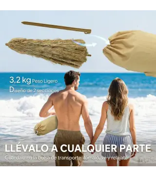 Sombrilla de Playa con Flecos de Paja Ø178 cm con Inclinación Altura Ajustable UV50+ Bolsa de Transporte Marrón Claro