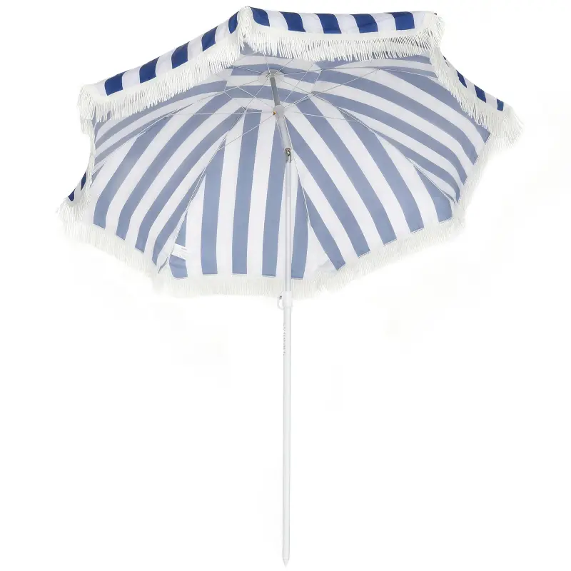 Sombrilla de Playa con Flecos Ø180 cm Sombrilla de Terraza Exterior con Altura Ajustable Inclinación 30° Azul y Blanco