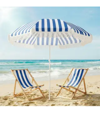 Sombrilla de Playa con Flecos Ø180 cm Sombrilla de Terraza Exterior con Altura Ajustable Inclinación 30° Azul y Blanco