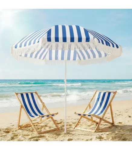 Sombrilla de Playa con Flecos Ø180 cm Sombrilla de Terraza Exterior con Altura Ajustable Inclinación 30° Azul y Blanco