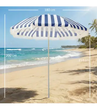 Sombrilla de Playa con Flecos Ø180 cm Sombrilla de Terraza Exterior con Altura Ajustable Inclinación 30° Azul y Blanco