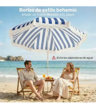 Sombrilla de Playa con Flecos Ø180 cm Sombrilla de Terraza Exterior con Altura Ajustable Inclinación 30° Azul y Blanco
