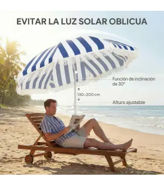 Sombrilla de Playa con Flecos Ø180 cm Sombrilla de Terraza Exterior con Altura Ajustable Inclinación 30° Azul y Blanco