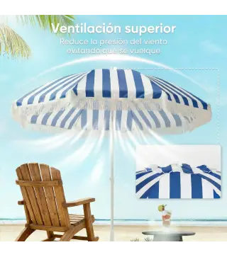 Sombrilla de Playa con Flecos Ø180 cm Sombrilla de Terraza Exterior con Altura Ajustable Inclinación 30° Azul y Blanco