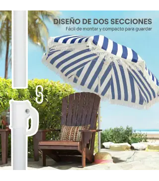 Sombrilla de Playa con Flecos Ø180 cm Sombrilla de Terraza Exterior con Altura Ajustable Inclinación 30° Azul y Blanco