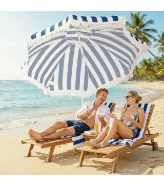 Sombrilla de Playa con Flecos Ø180 cm Sombrilla de Terraza Exterior con Altura Ajustable Inclinación 30° Azul y Blanco