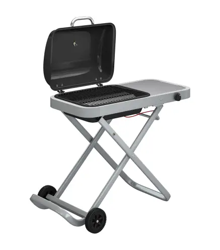 Barbacoa de Gas Plegable con Quemador 2,5 kW Tapa Termómetro Mesa Lateral y 2 Ruedas Parrilla Recogedor Grasa Negro