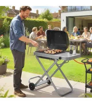 Barbacoa de Gas Plegable con Quemador 2,5 kW Tapa Termómetro Mesa Lateral y 2 Ruedas Parrilla Recogedor Grasa Negro