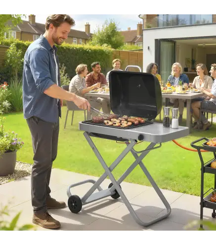 Barbacoa de Gas Plegable con Quemador 2,5 kW Tapa Termómetro Mesa Lateral y 2 Ruedas Parrilla Recogedor Grasa Negro