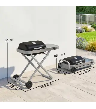 Barbacoa de Gas Plegable con Quemador 2,5 kW Tapa Termómetro Mesa Lateral y 2 Ruedas Parrilla Recogedor Grasa Negro