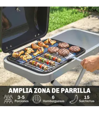 Barbacoa de Gas Plegable con Quemador 2,5 kW Tapa Termómetro Mesa Lateral y 2 Ruedas Parrilla Recogedor Grasa Negro