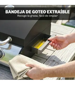 Barbacoa de Gas Plegable con Quemador 2,5 kW Tapa Termómetro Mesa Lateral y 2 Ruedas Parrilla Recogedor Grasa Negro