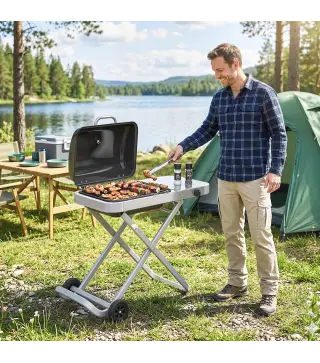 Barbacoa de Gas Plegable con Quemador 2,5 kW Tapa Termómetro Mesa Lateral y 2 Ruedas Parrilla Recogedor Grasa Negro