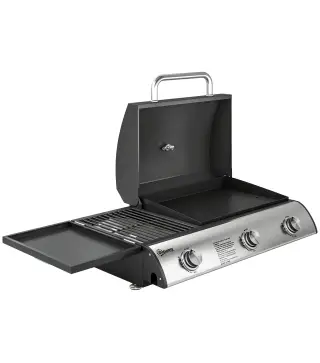 Barbacoa de Gas BBQ Gas con 3 Quemadores 7,5 kW con Parrilla Plancha Estante Lateral Convertible Termómetro Negro