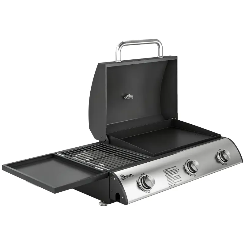 Barbacoa de Gas BBQ Gas con 3 Quemadores 7,5 kW con Parrilla Plancha Estante Lateral Convertible Termómetro Negro