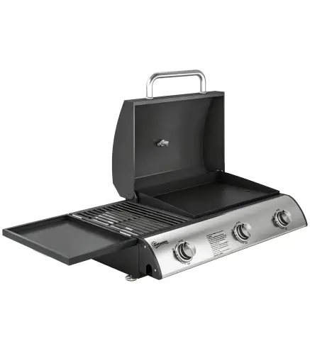 Barbacoa de Gas BBQ Gas con 3 Quemadores 7,5 kW con Parrilla Plancha Estante Lateral Convertible Termómetro Negro
