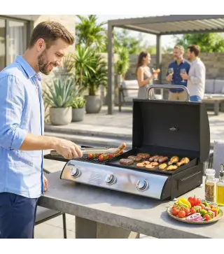 Barbacoa de Gas BBQ Gas con 3 Quemadores 7,5 kW con Parrilla Plancha Estante Lateral Convertible Termómetro Negro
