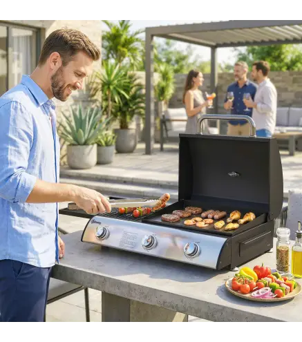 Barbacoa de Gas BBQ Gas con 3 Quemadores 7,5 kW con Parrilla Plancha Estante Lateral Convertible Termómetro Negro