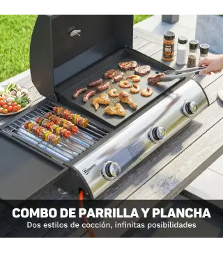 Barbacoa de Gas BBQ Gas con 3 Quemadores 7,5 kW con Parrilla Plancha Estante Lateral Convertible Termómetro Negro