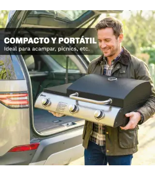 Barbacoa de Gas BBQ Gas con 3 Quemadores 7,5 kW con Parrilla Plancha Estante Lateral Convertible Termómetro Negro