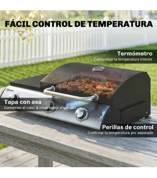 Barbacoa de Gas BBQ Gas con 3 Quemadores 7,5 kW con Parrilla Plancha Estante Lateral Convertible Termómetro Negro